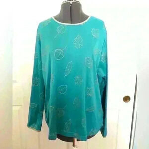 VTG Blair blue long sleeve gold embelished leaves women XL
